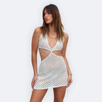 Damen gehäkeltes Strandkleid mit tiefem V-Ausschnitt und raffiniertem Cut-Out R&B