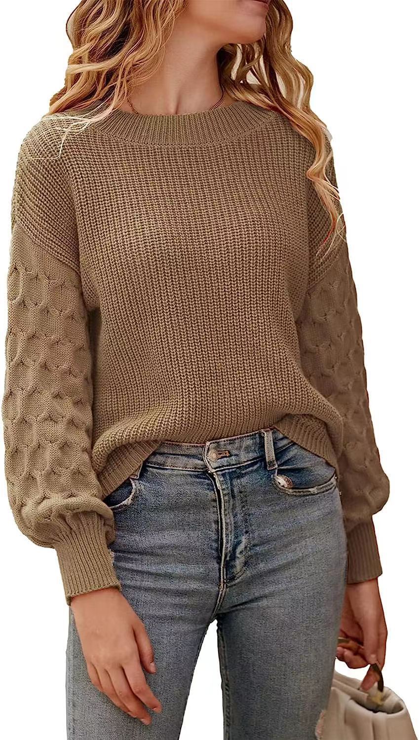 Damen Strickpullover mit strukturierten Puffärmeln und Rundhalsausschnitt R&B