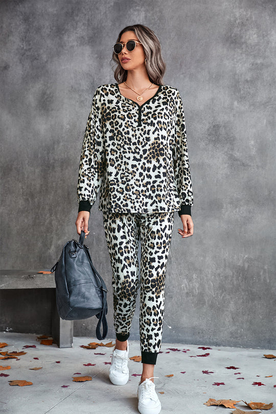 Damen Leo-Print Jogginganzug mit breitem Taillenbund und modischen Bündchen R&B