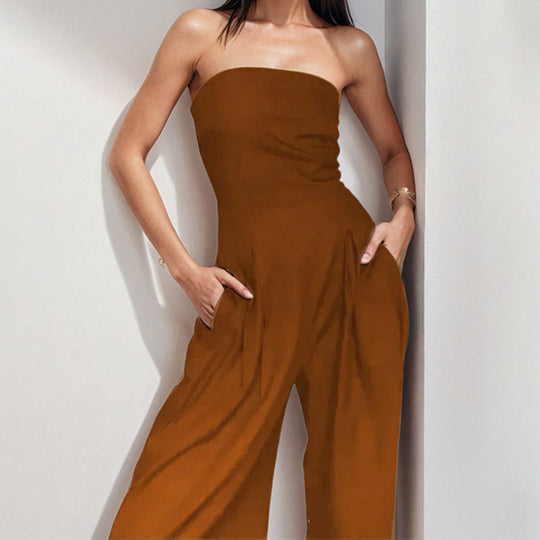 Damen elegantes Maxi-Jumpsuit mit schulterfreiem Design und praktischen Seitentaschen R&B