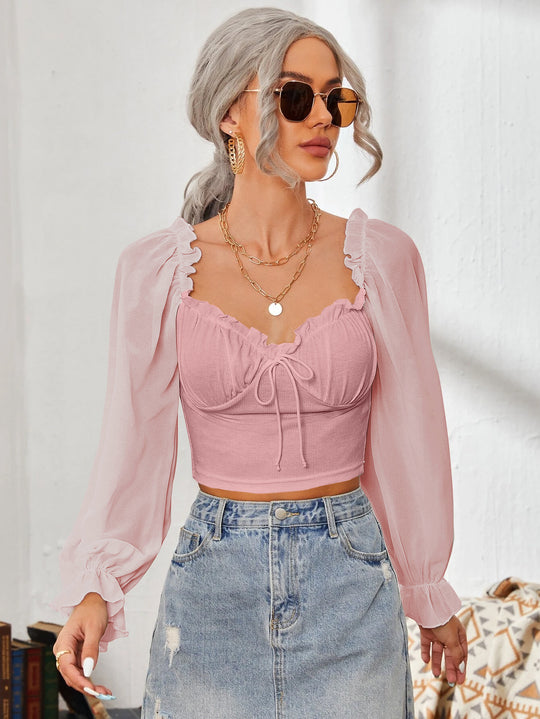 Damen Cropped-Bluse mit Rüschen und eleganten Puffärmeln R&B