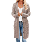 Damen Langer Strickcardigan mit Zopfdesign und praktischen Taschen R&B