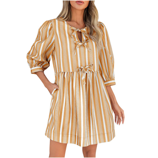 Damen lässiges gestreiftes Sommerkleid mit taillierter Silhouette R&B