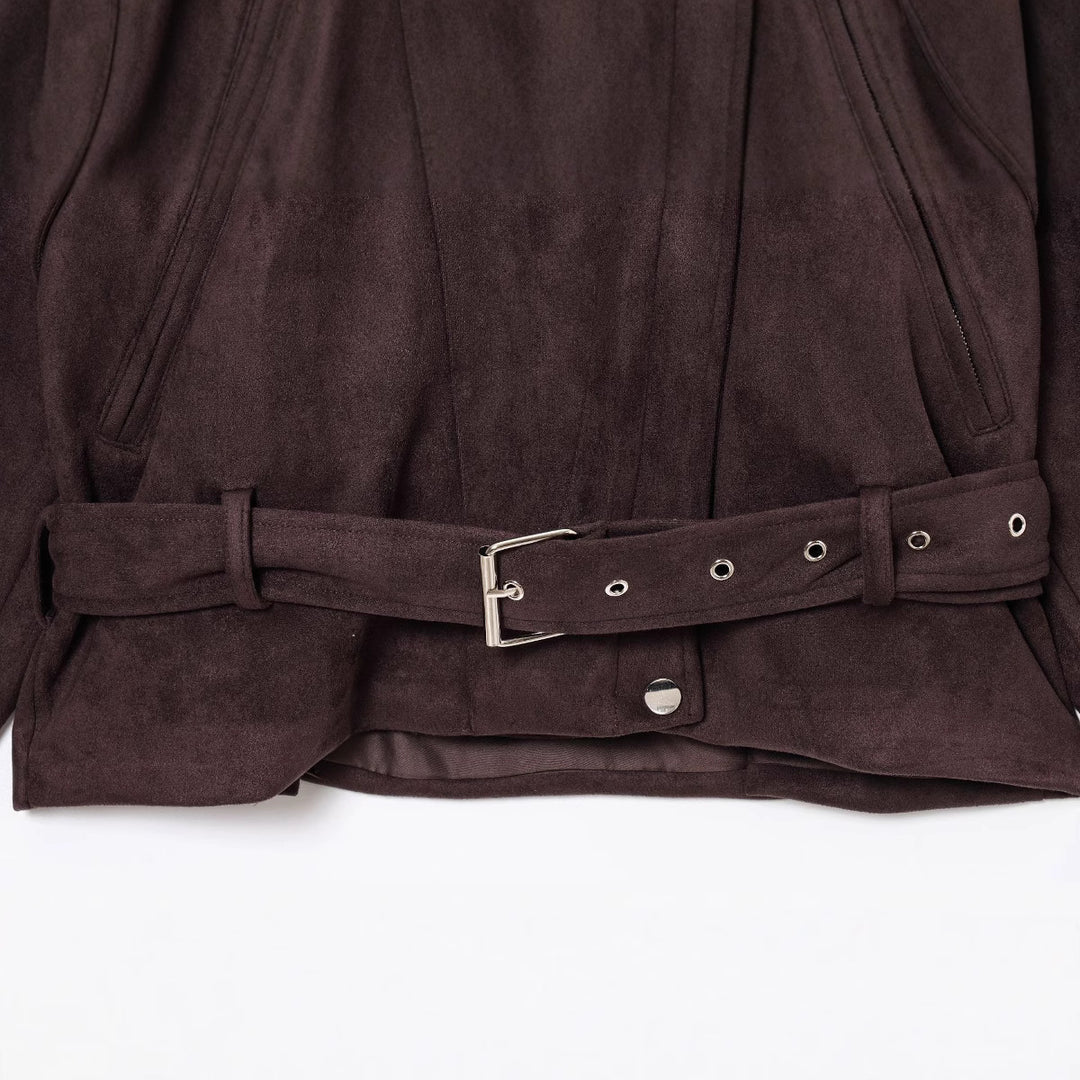 Damen elegante Wildlederjacke mit funktionalen Reißverschlüssen und Taillengürtel R&B