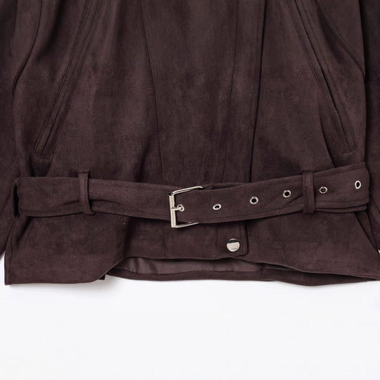 Damen elegante Wildlederjacke mit funktionalen Reißverschlüssen und Taillengürtel R&B
