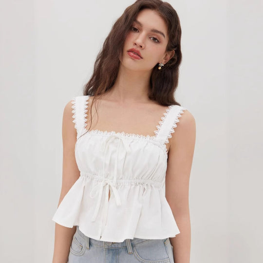 Damen luftiges Crop-Top mit verstellbarem Kordelzug und Rüschendetails R&B