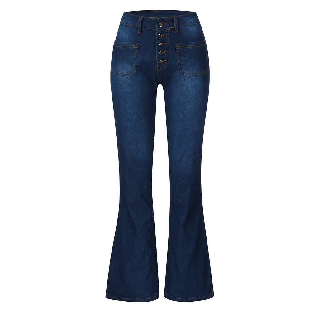 Damen Flared Jeans mit hohem Bund und dekorativen Knöpfen