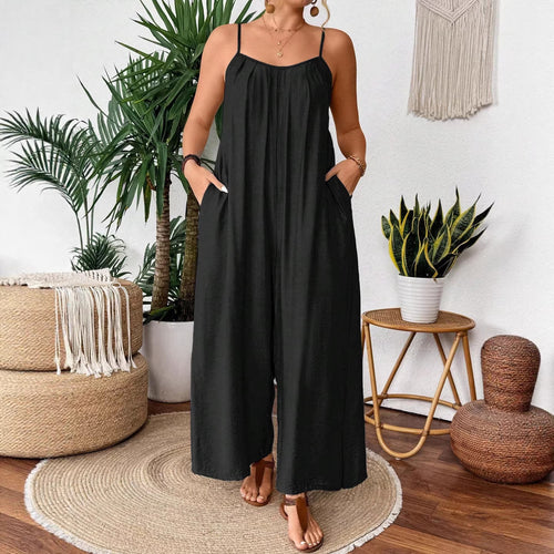 Damen luftiger Jumpsuit mit schmalen Spaghettiträgern und seitlichen Taschen R&B
