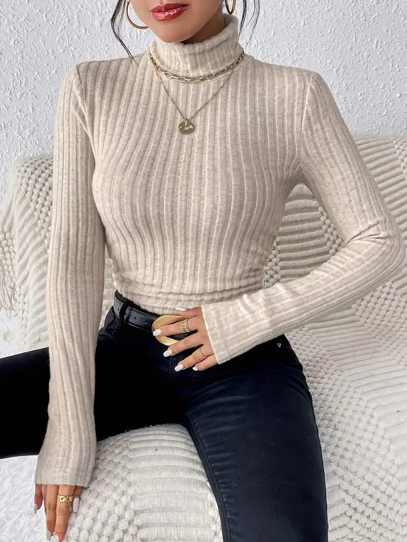 Damen Langarm Rollkragenpullover mit feinen Rippdetails