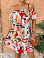 Damen Minikleid mit schulterfreiem Design und lR&Bhaftem Farbprint R&B