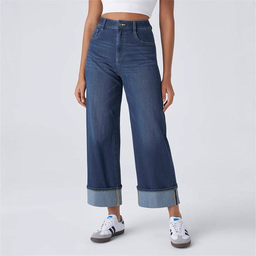 Damen Weit geschnittene Jeans mit hohem Bund und umgeschlagenem Saum R&B