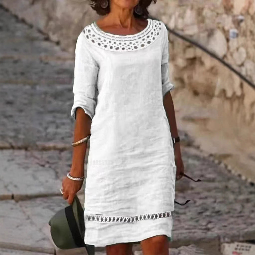 Damen lässiges Sommerkleid mit elegantem Häkelkragen und durchgehendem Schnitt R&B