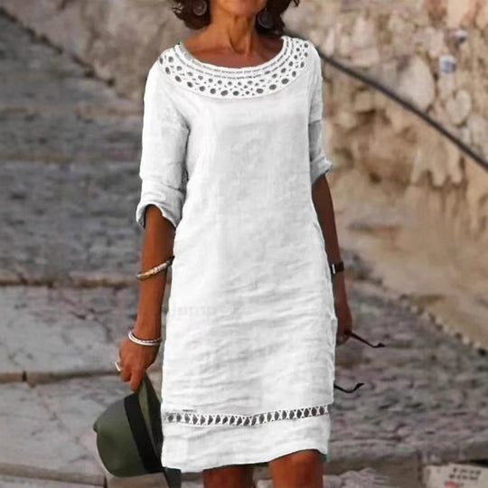 Damen lässiges Sommerkleid mit elegantem Häkelkragen und durchgehendem Schnitt R&B