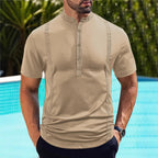 Herren nan Kurzarm-Stehkragenshirt mit verdeckter Knopfleiste, Zierpaspeln und figurbetonter Silhouette R&B