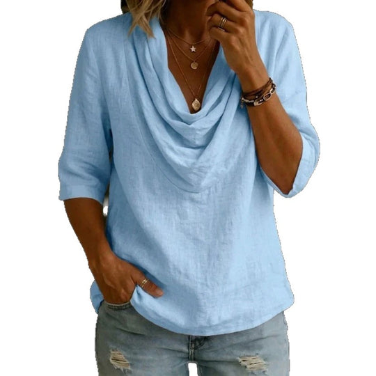 Damen nan luftige Leinenbluse mit drapiertem Wasserfallkragen, lockerer Silhouette und dreiviertelärmeln R&B