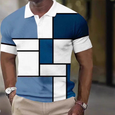 Herren nan kurzärmeliges Poloshirt mit geometrischem Blockmuster und feinem Strukturpiqué R&B
