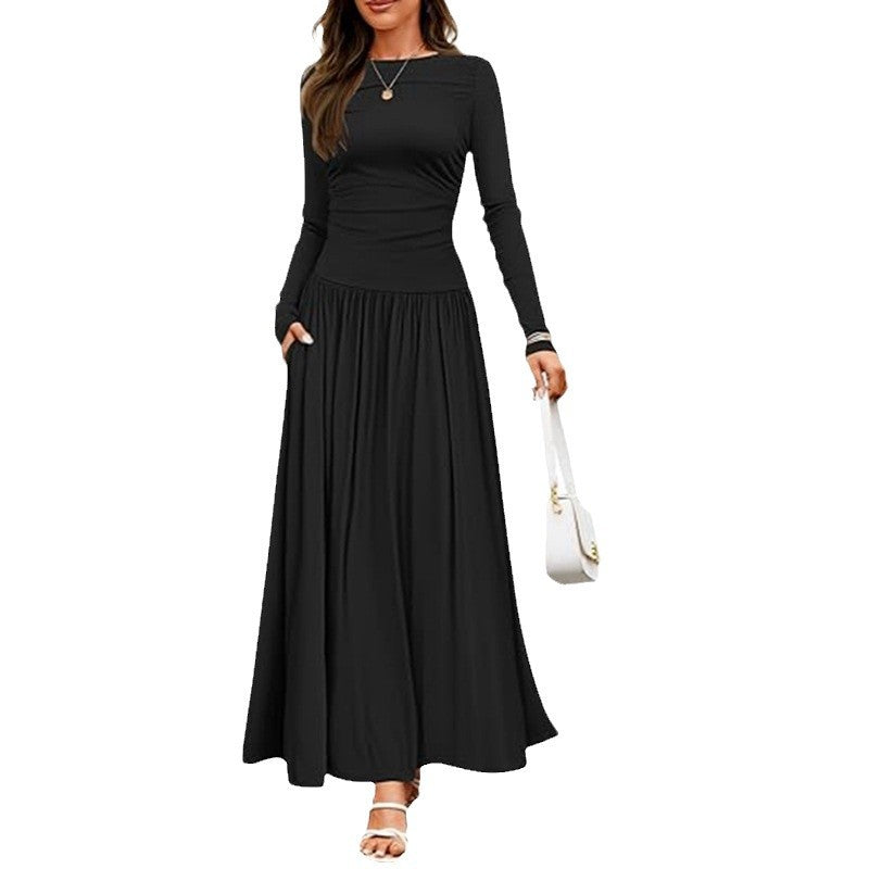 Damen Langärmliges Maxikleid mit eleganten Rüschendetails und praktischen Taschen R&B