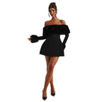 Damen Offshoulder-Kleid mit luxuriöser Futterverzierung und schwingendem Rock R&B