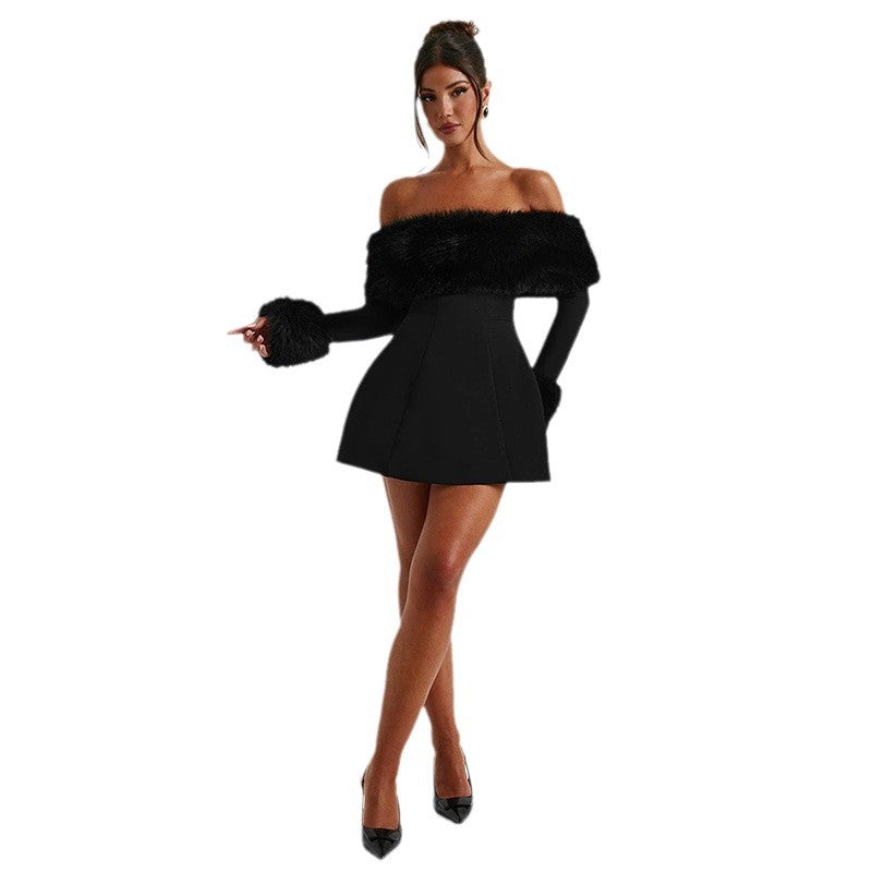 Damen Offshoulder-Kleid mit luxuriöser Futterverzierung und schwingendem Rock R&B