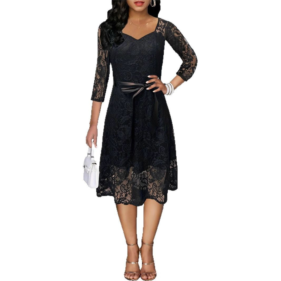 Damen Spitzenkleid mit Taillengürtel und eleganten Halbärmeln R&B