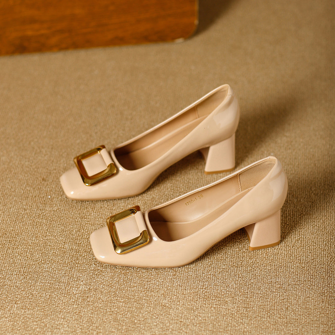 Damen elegante High Heels mit schickem quadratischem Zehenbereich und goldener Schnalle R&B