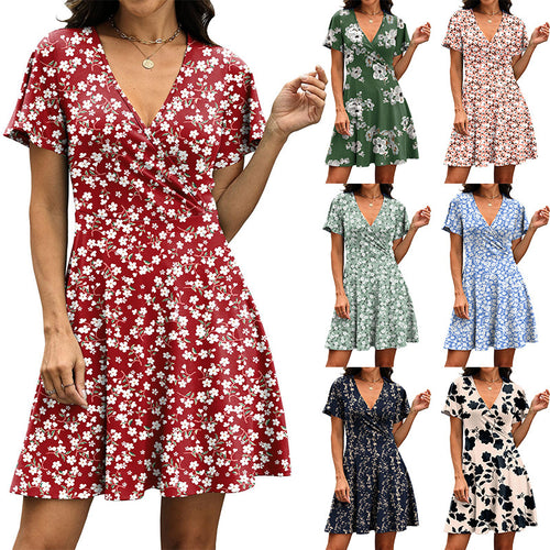 Damen Kurzärmeliges Wickelkleid mit floralen Mustern und V-Ausschnitt R&B