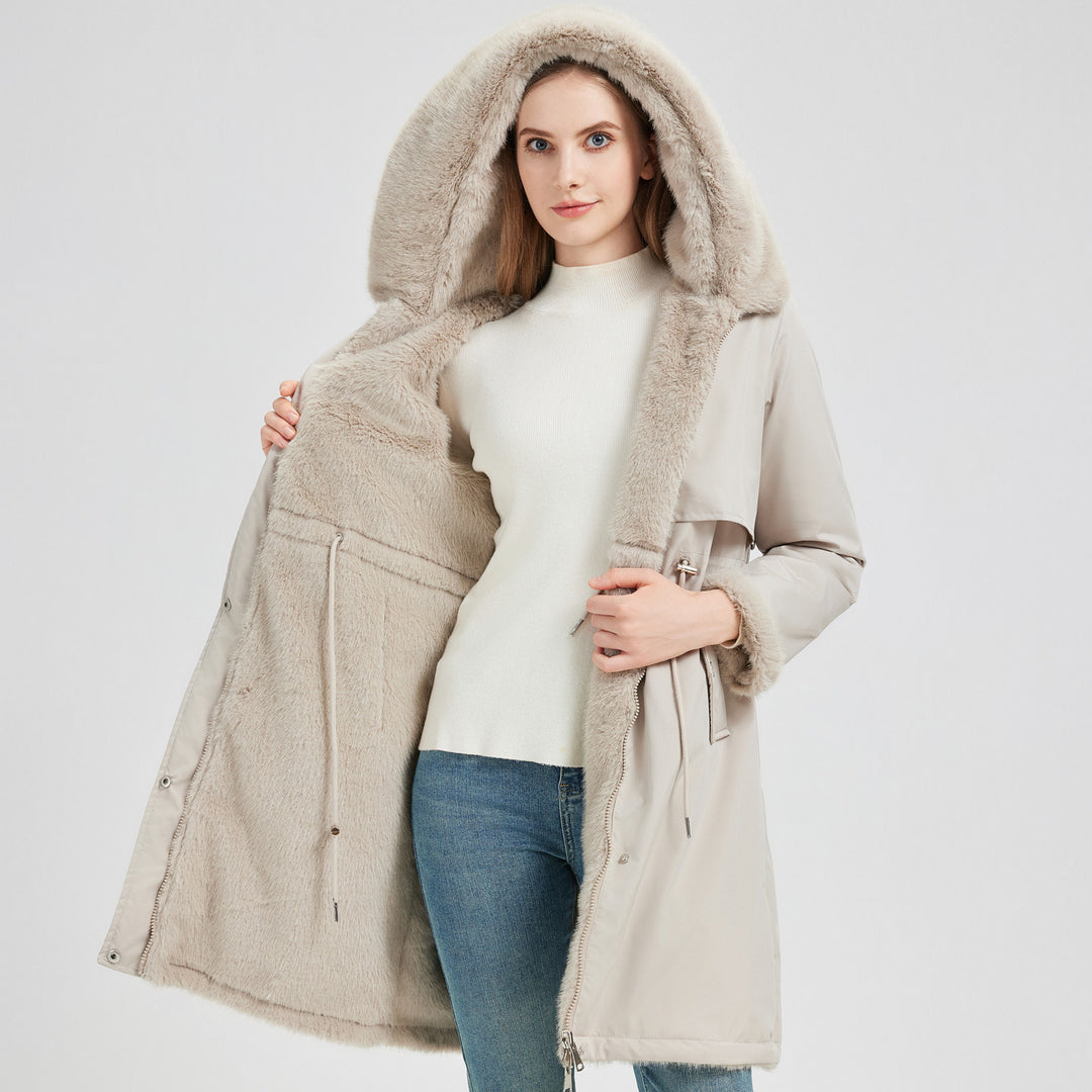 Damen Eleganter und warmer Parka mit abnehmbarem Kunstfellkragen und praktischen Schnürdetails R&B