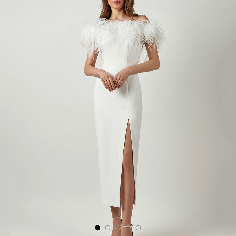 Damen Abendkleid mit federverziertem Oberteil und schlankem Schnitt R&B