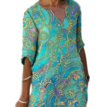 Damen Freizeitleichtkleid mit elegantem V-Ausschnitt und buntem Muster R&B