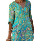 Damen Freizeitleichtkleid mit elegantem V-Ausschnitt und buntem Muster EB