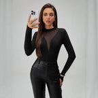 Damen nan figurbetonter Langarm-Body mit transparenten Mesh-Einsätzen, Stehkragen und hohem Beinausschnitt R&B