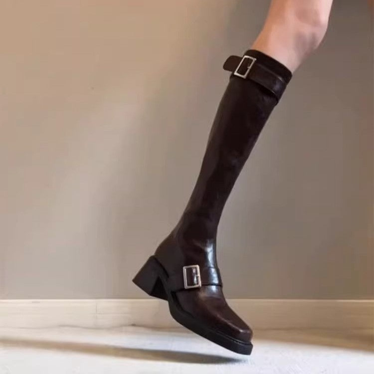 Damen modische Stiefel mit elegantem Schnallenverschluss und robustem Blockabsatz R&B