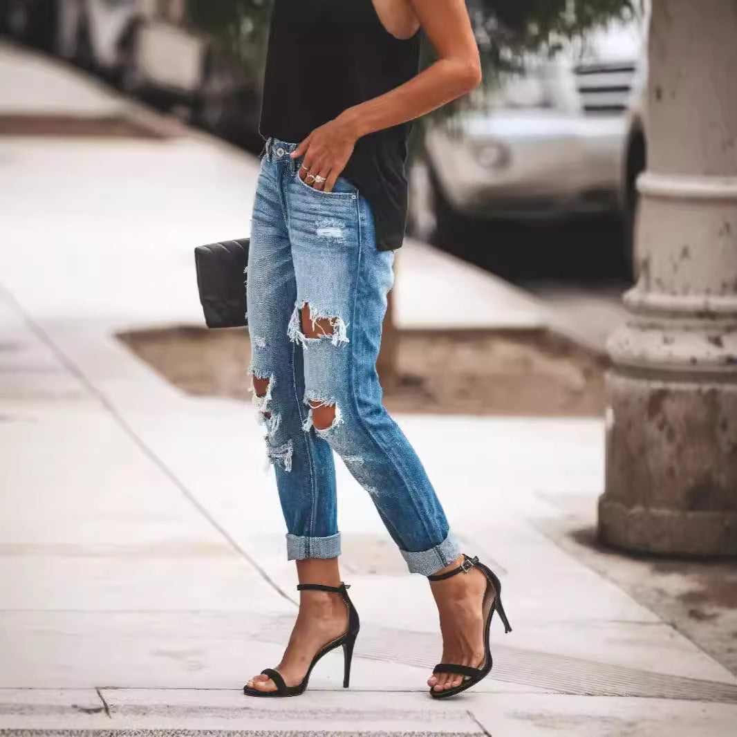 Damen Destroyed Boyfriend Jeans im lässigen Stil mit hohen Rissdetails R&B