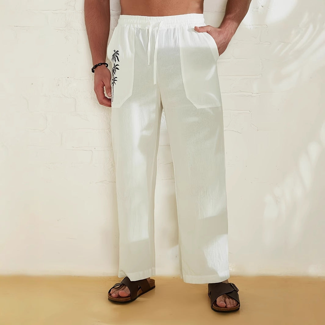 Herren lässige Leinen-Relax-Hose mit palmenmotivierten Taschen