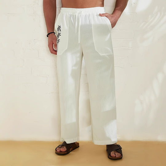 Herren lässige Leinen-Relax-Hose mit palmenmotivierten Taschen R&B