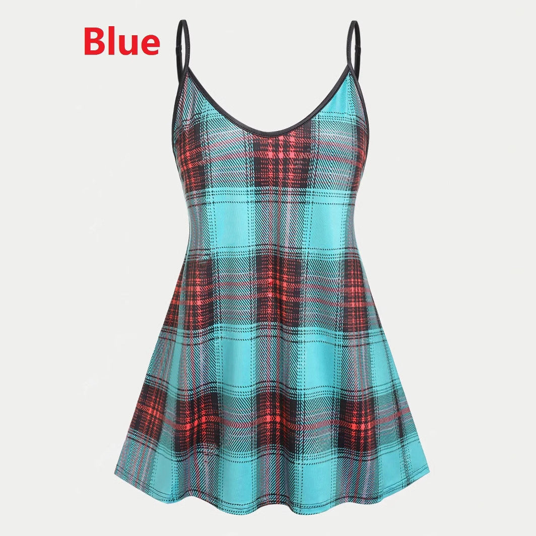Damen Swing-Kleid mit kariertem Muster und verstellbaren Spaghettiträgern R&B