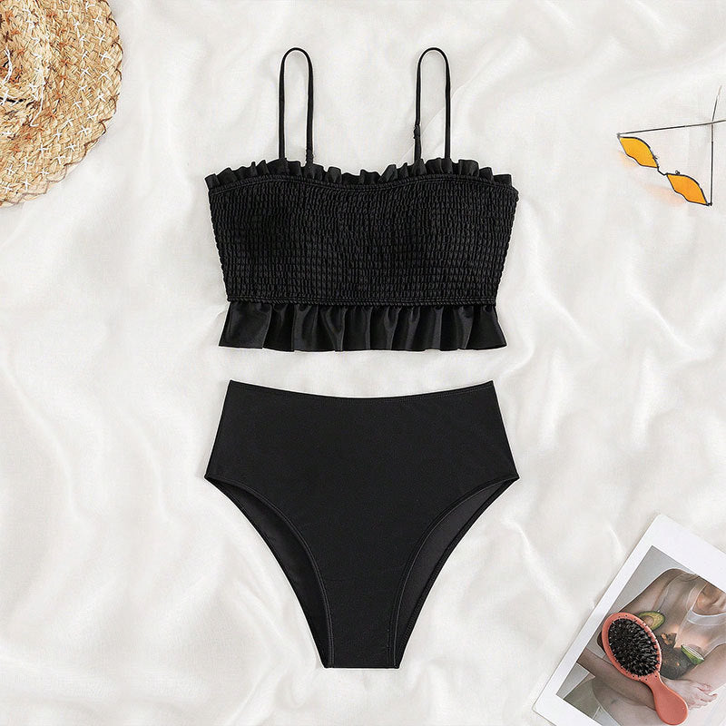 Damen Bikini-Set mit gerafftem Oberteil und hoch geschnittenem Unterteil R&B