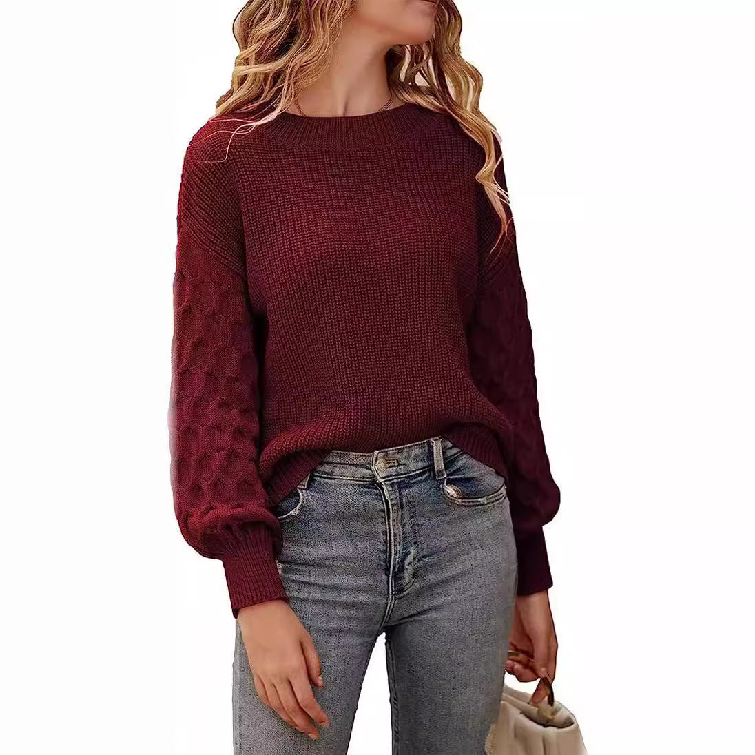 Damen modischer Strickpullover mit strukturierten Ärmeln und Rundhalsausschnitt R&B
