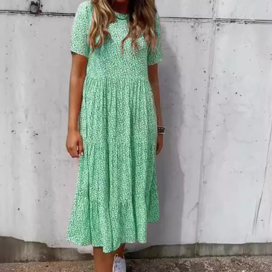 Damen nan leichtes Midikleid mit geraffter Taillenpartie, kurzen Ärmeln und mehrlagigem Stufenrock R&B