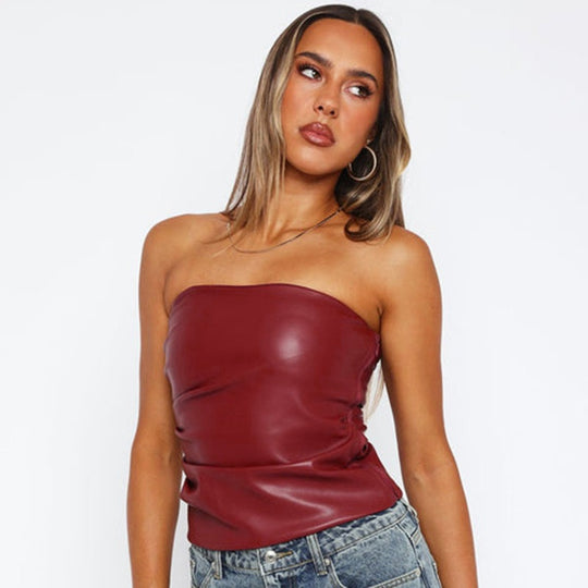 Damen Bandeau-Oberteil aus hochwertigem Kunstleder mit raffinierten Rüschendetails R&B