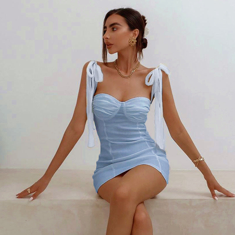 Damen Figurbetontes Minikleid mit trägerloser Bustier-Optik und charmanten Schleifen R&B