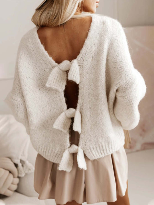 Damen lässiger Strickpullover mit tiefem Rückenausschnitt und Schleifendetails R&B