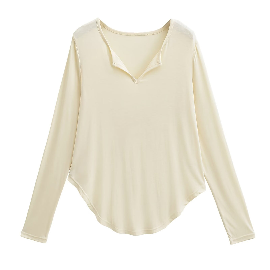Damen lässiges Longsleeve-Oberteil mit V-Ausschnitt und geschwungenem Saum R&B