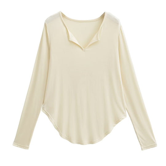 Damen lässiges Longsleeve-Oberteil mit V-Ausschnitt und geschwungenem Saum R&B