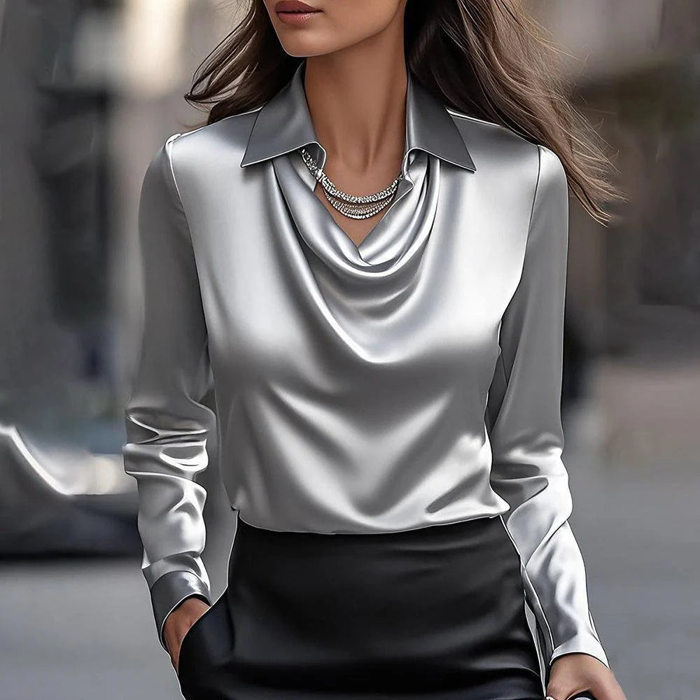 Damen Elegante Bluse mit asymmetrischem Kragen und fließendem Fall R&B