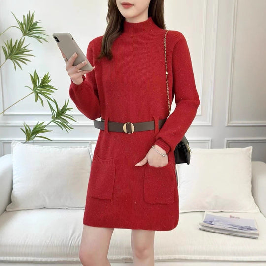 Damen Strickkleid mit hochgeschlossenem Kragen und praktischen Taschen R&B