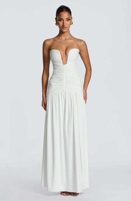 Damen Abendkleid mit tiefem V-Ausschnitt und eleganter Drapierung R&B