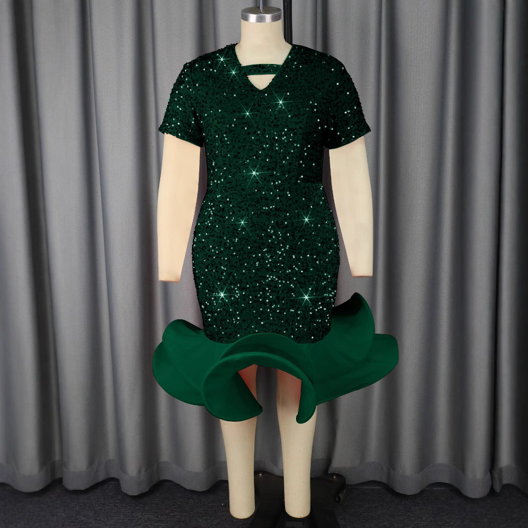 Damen glamouröses Abendkleid mit schimmernden Pailletten und voluminösem Saum R&B