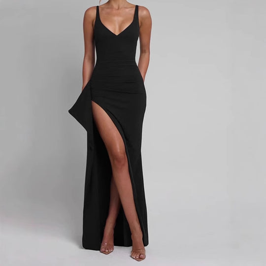 Damen Elegantes Maxikleid mit seitlichem Schlitz und verführerischem V-Ausschnitt R&B