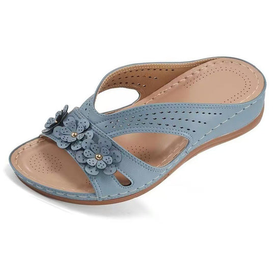 Damen bequeme und luftige Pantolette mit floralem Dekor R&B